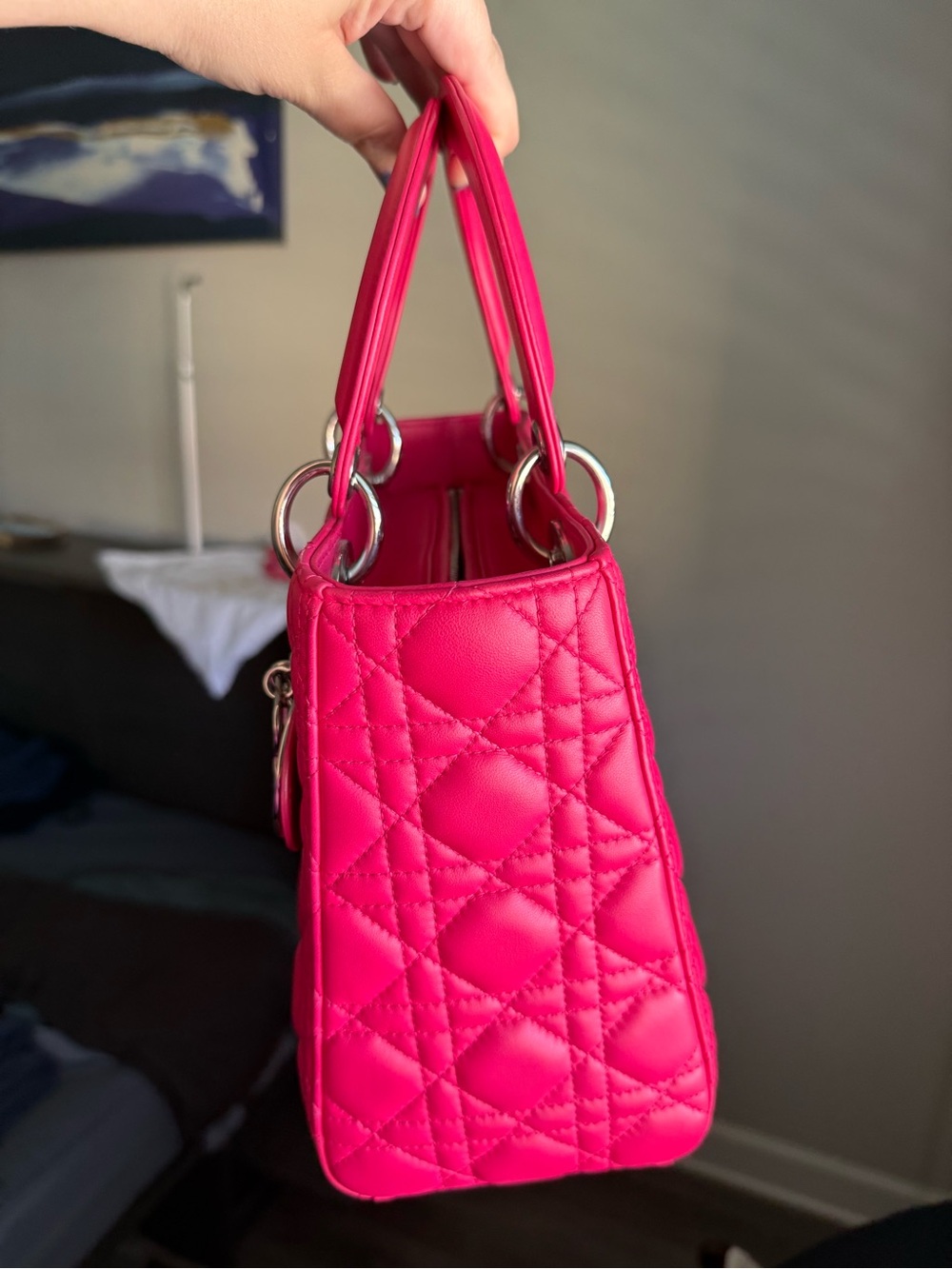 Christian Dior Medium Lady Dior in stunning fuchsia lambskin w/ silver hardware - Picture 4 of 6